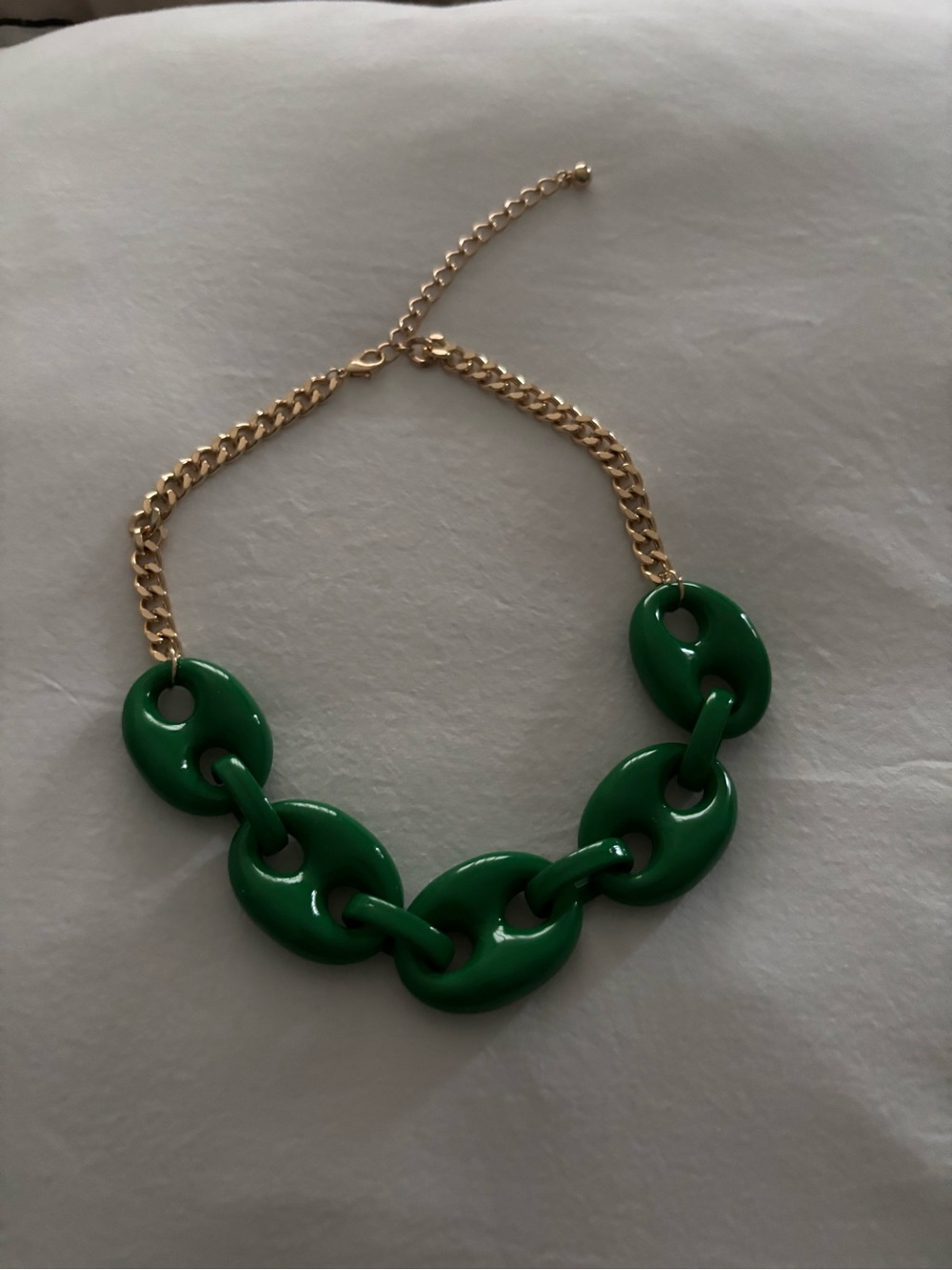 Green Link Statement Necklace - Gold Tone Chain